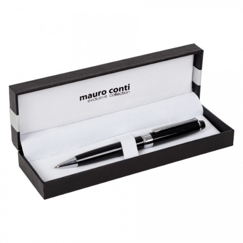 Długopis Mauro Conti ze srebrnymi elementami, w ozdobnym pudełku.