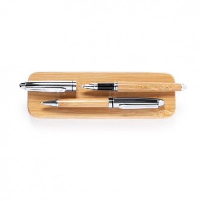 Bambusowy zestaw piśmienny, długopis i pióro kulkowe