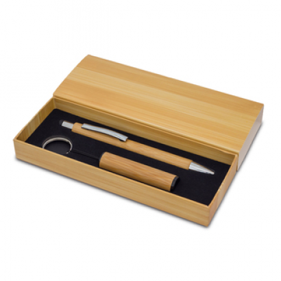 Bambusowy długopis i latarka w pudełku