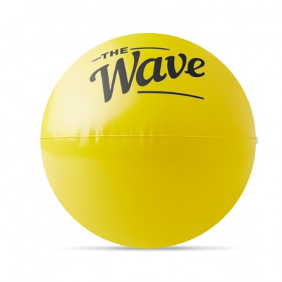   Nadmuchiwana piłka plażowa z żółtymi panelami i zabawnym nadrukiem.
