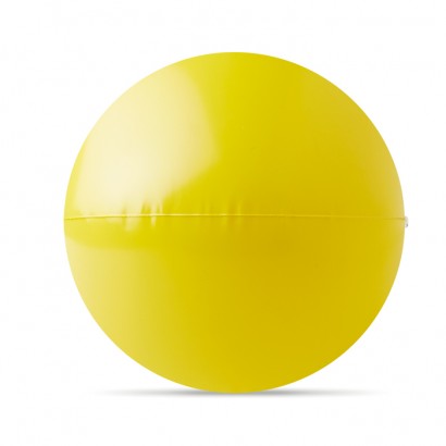   Dmuchana piłka plażowa z żółtymi panelami i zabawnym nadrukiem.