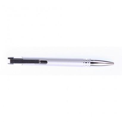 Długopis ze srebrnymi elementami w metalowym etui