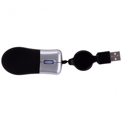 Mini mysz USB z czarnym chowanym przewodem