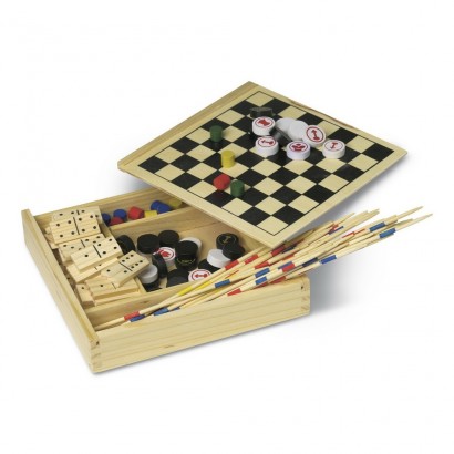 Zestaw 5 gier w drewnianym pudełku: domino, mikado